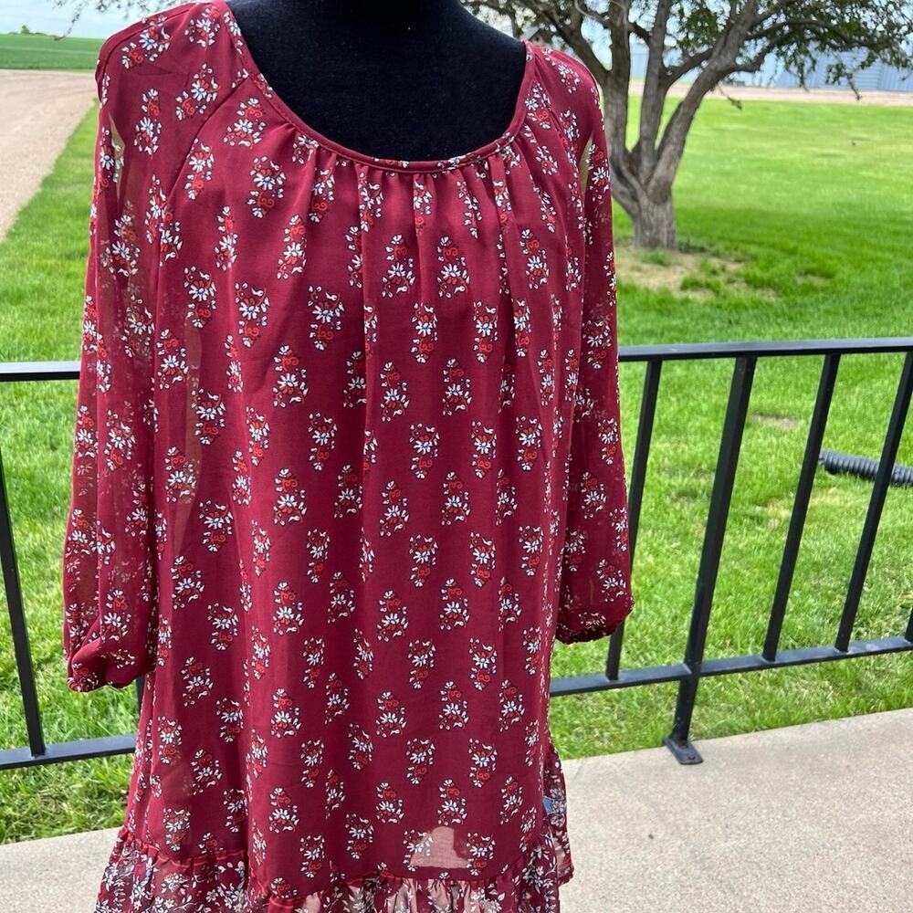 Aula sheer burgundy top, ruffle hem & open shoulder, women's size M